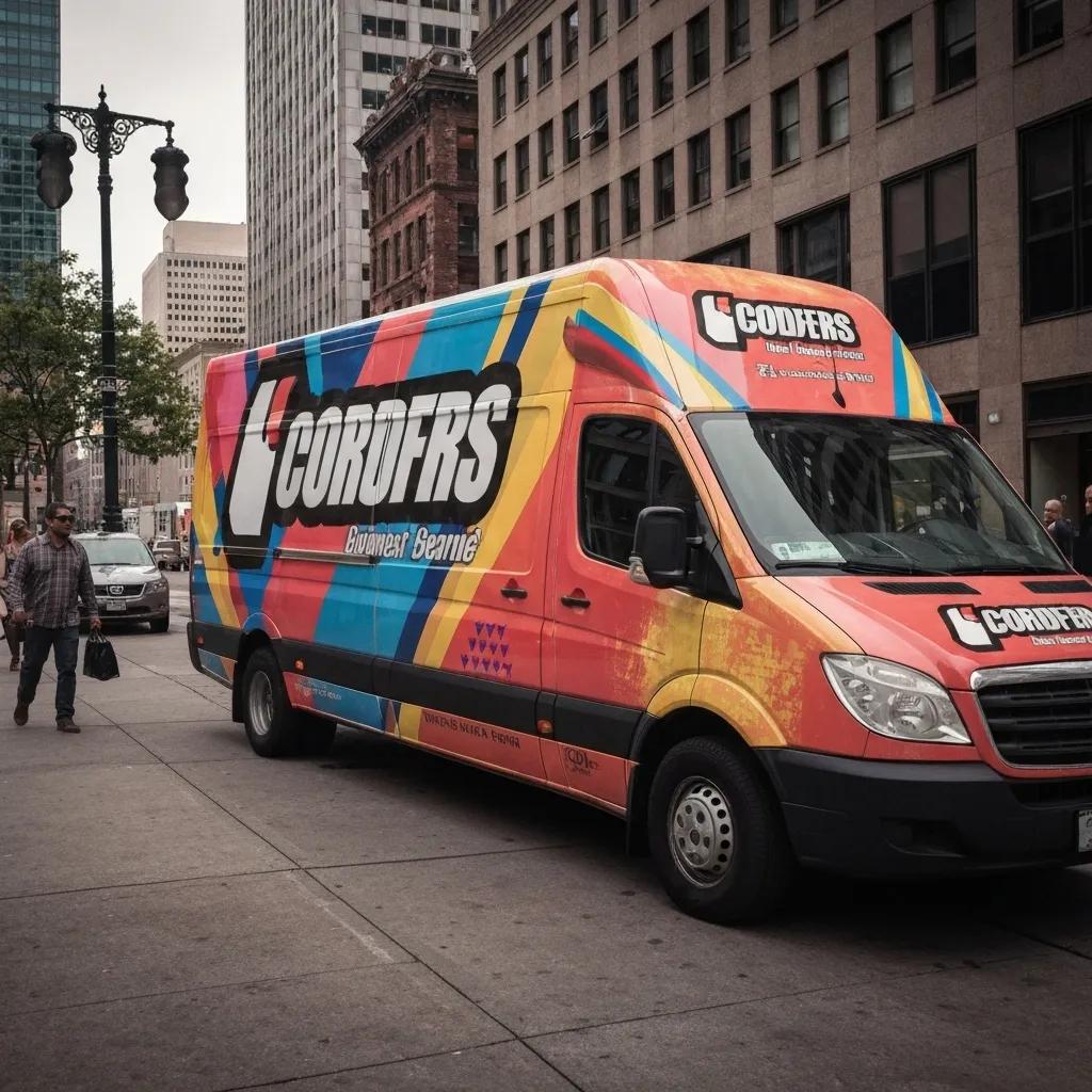 Colorful commercial vehicle wrap on a delivery van in an urban environment, highlighting mobile advertising