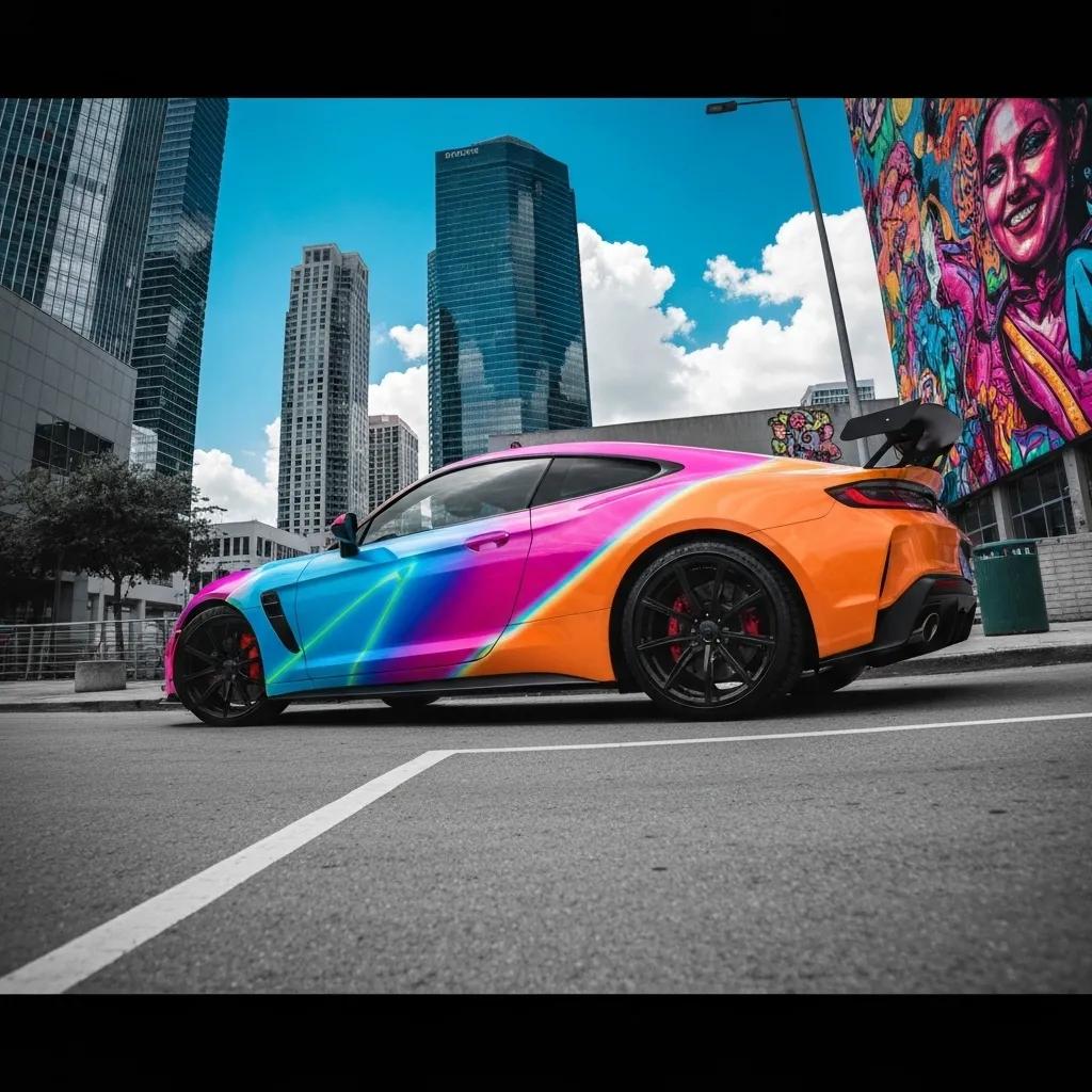 Colorful vehicle wrap on a modern car in an urban setting, showcasing mobile marketing potential