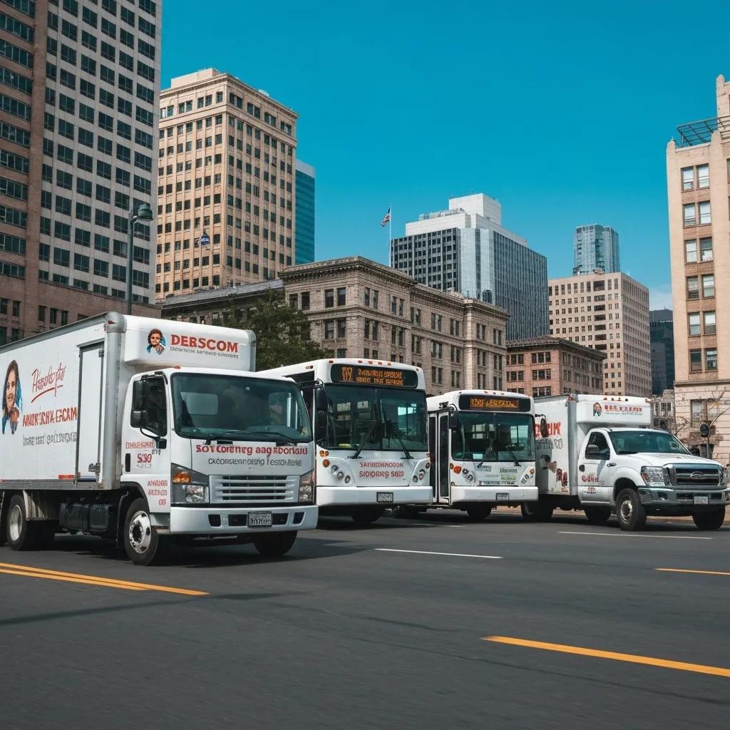 Fleet of branded commercial vehicles driving through a city, showcasing mobile advertising potential