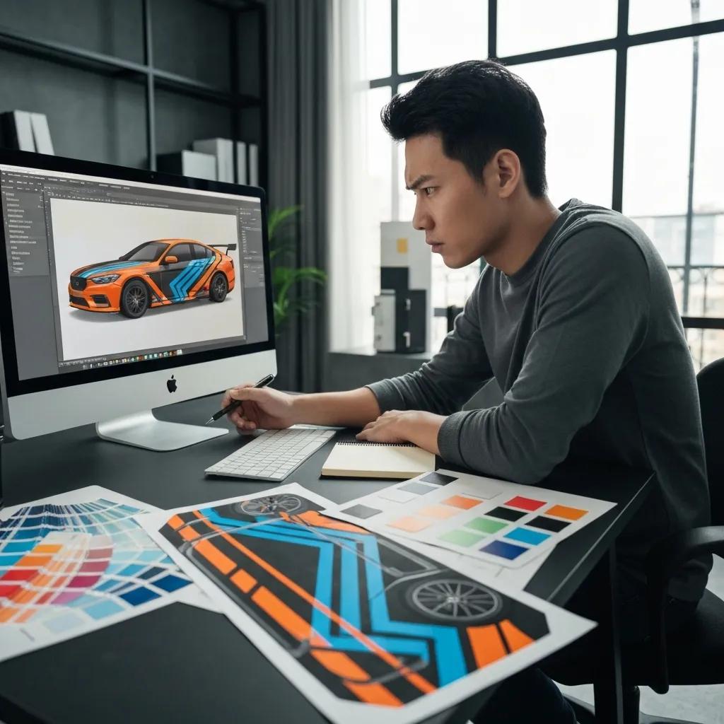 Designer creating a digital mockup for a custom vehicle wrap, showcasing the design process