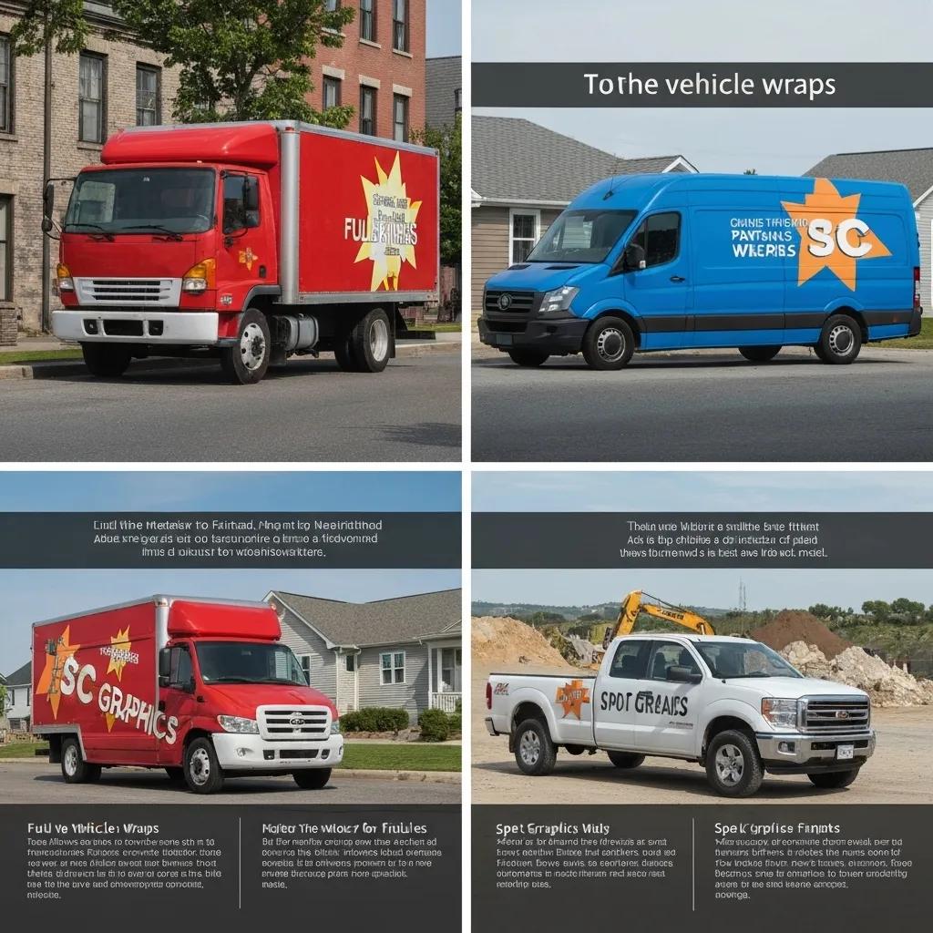 Different types of commercial vehicle wraps including full, partial, spot graphics, and lettering on various vehicles