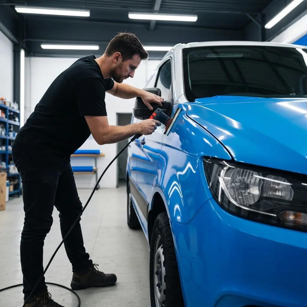 Professional installer applying a vinyl wrap to a commercial vehicle, emphasizing installation quality