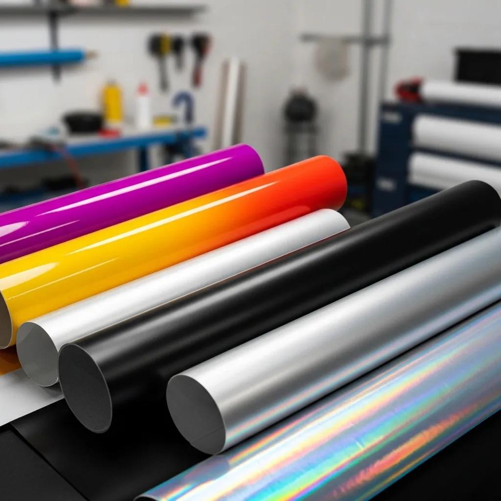 Different types of vinyl materials for vehicle wraps, showcasing textures and colors relevant to pricing
