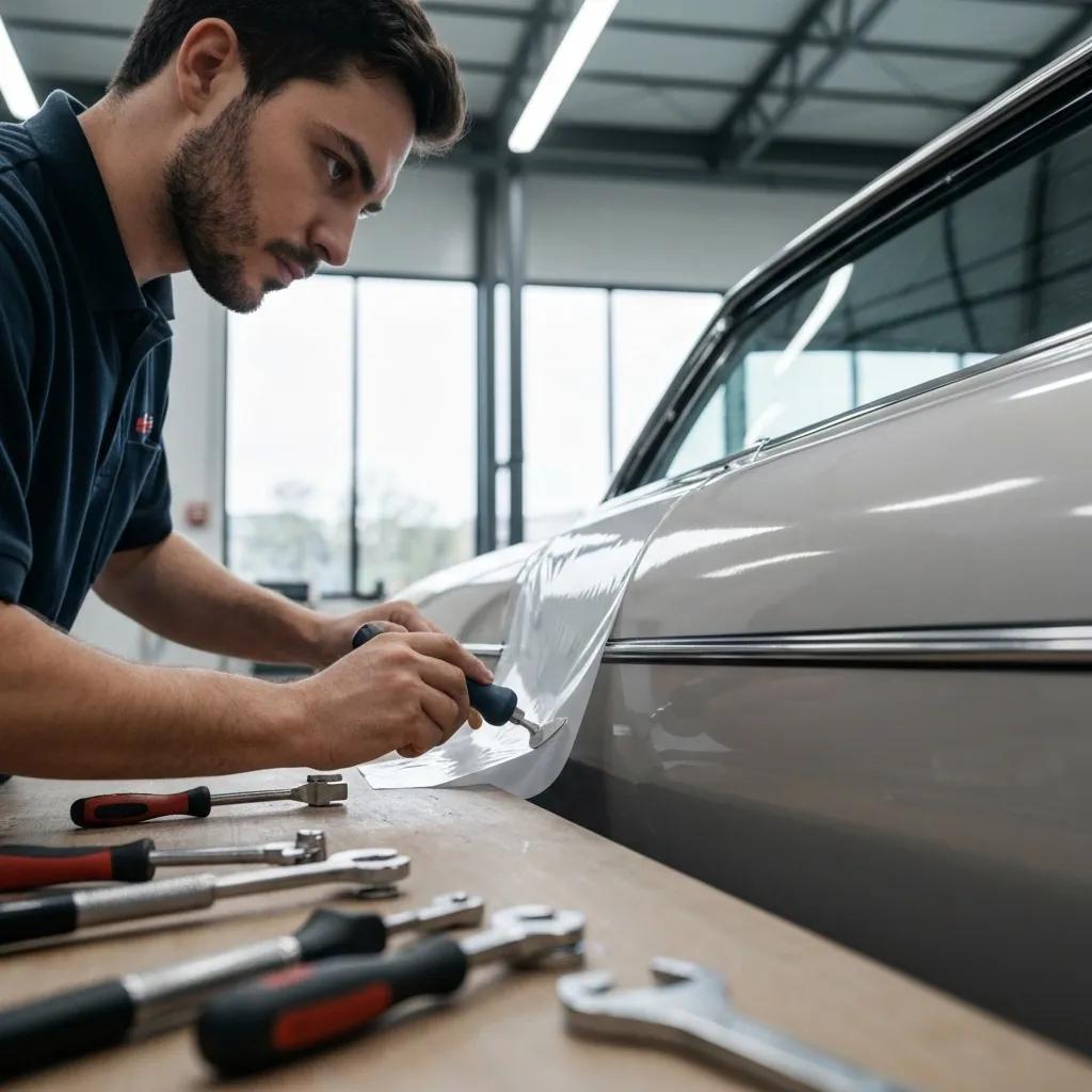 Professional installer applying a vinyl wrap to a vehicle in a workshop