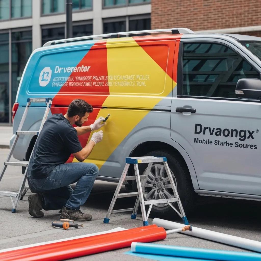 Professional vehicle decal installation showcasing a skilled installer applying a vibrant vinyl wrap to a company vehicle