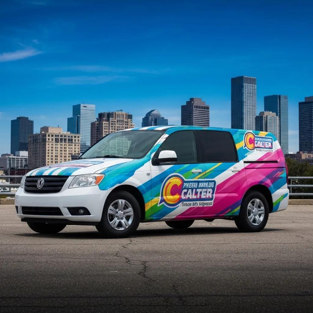 Custom vehicle wrap featuring a colorful business logo on a parked vehicle in an urban environment