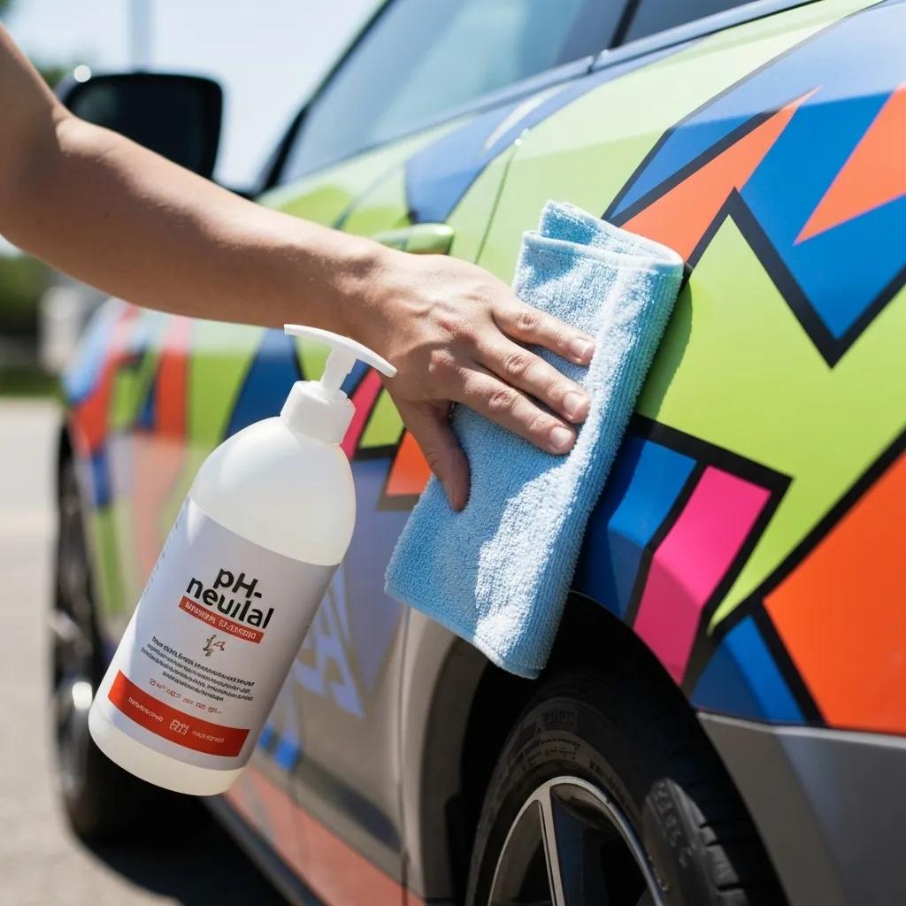 A person cleaning a vehicle with a vibrant vinyl wrap using pH-neutral soap and a microfiber cloth to maintain its visual appeal