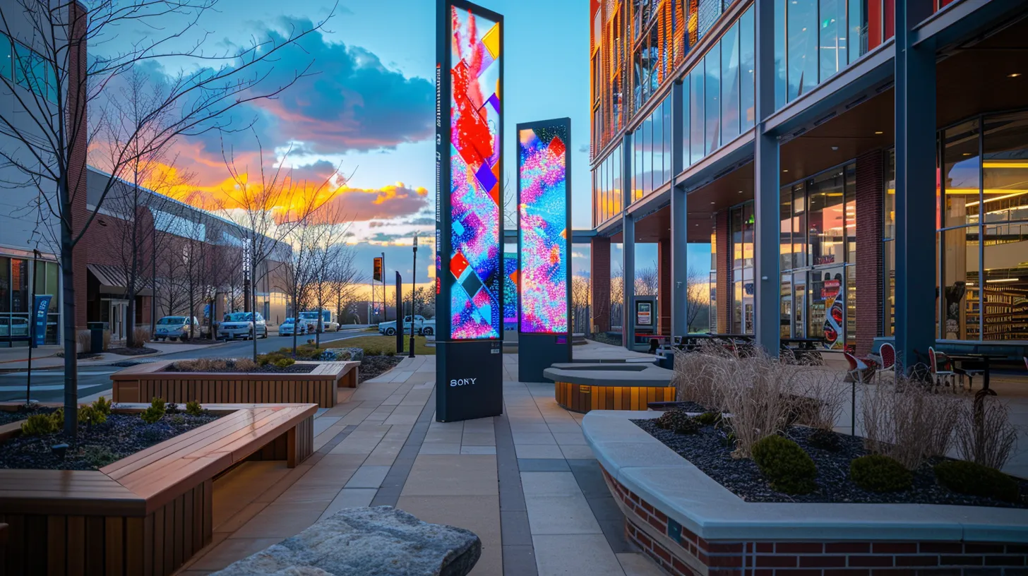 a vibrant and modern outdoor signage display gleams under soft natural light, showcasing bold, customized branding elements designed to attract and engage the environmentally conscious consumer in southeast michigan.