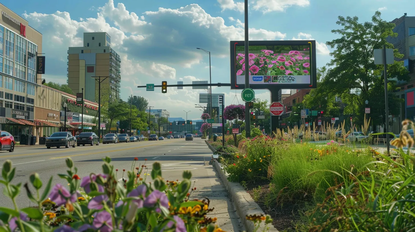 a vibrant and visually captivating outdoor signage display stands prominently against the backdrop of a bustling southeast michigan street, showcasing durable materials and eye-catching designs that reflect local aesthetics and compliance with community standards.