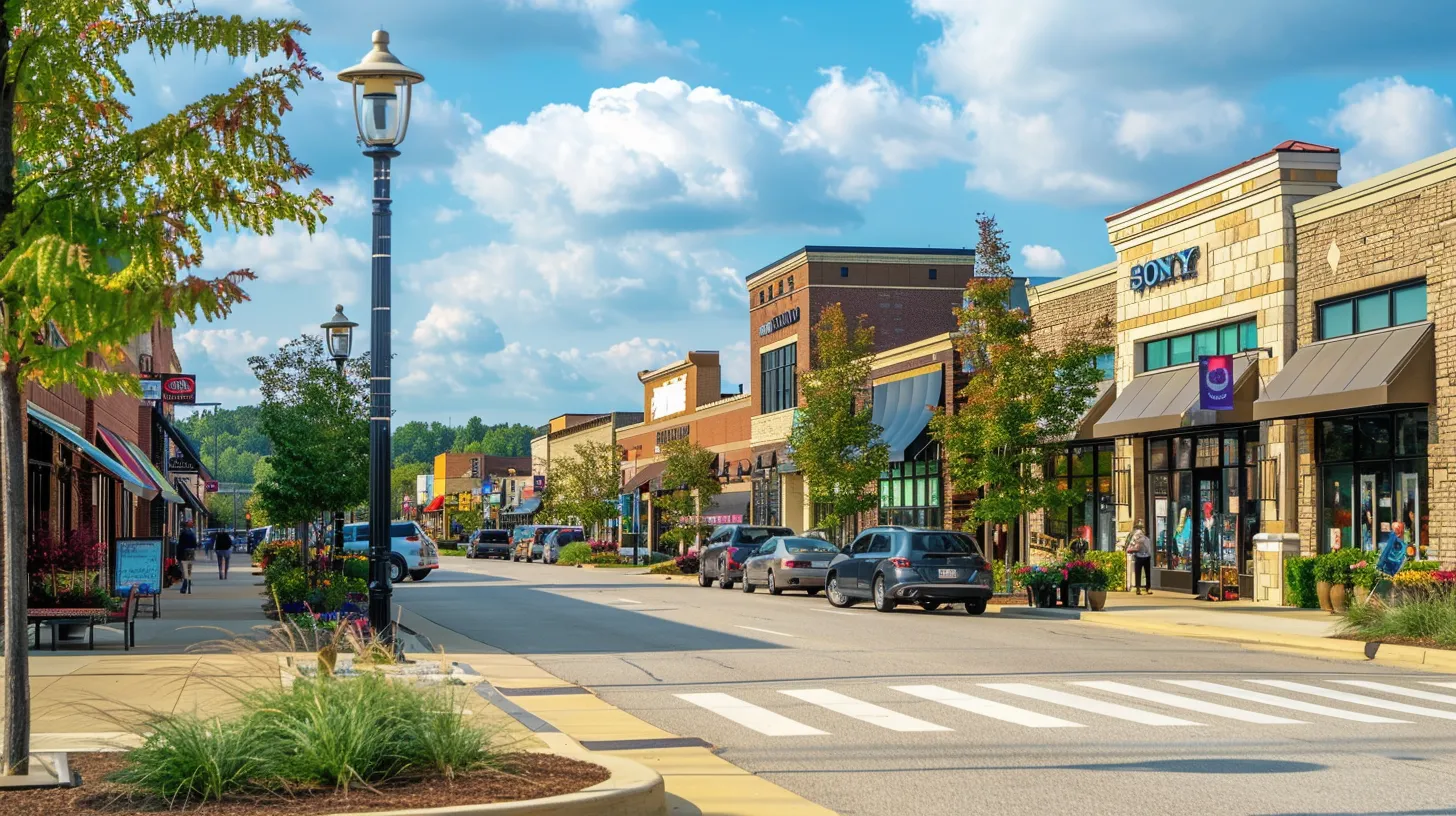 a vibrant, bustling street in southeast michigan showcases a variety of eye-catching, custom signage from local experts, highlighting their creative designs and deep market understanding under warm, golden sunlight.