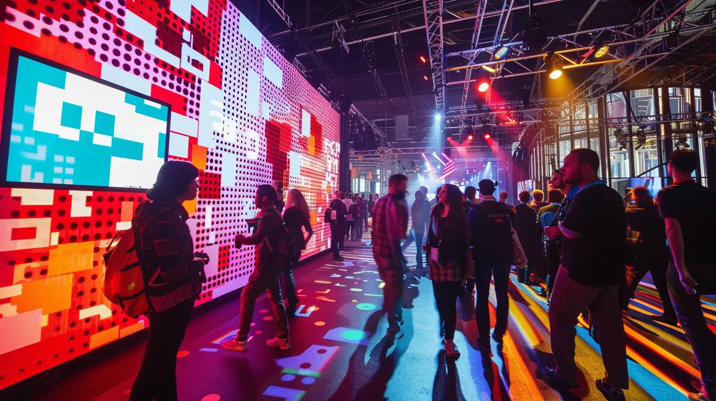 a vibrant event signage display featuring oversized, eye-catching qr codes and bold social media handles, set against a bustling backdrop of engaged attendees interacting and connecting within a lively atmosphere.