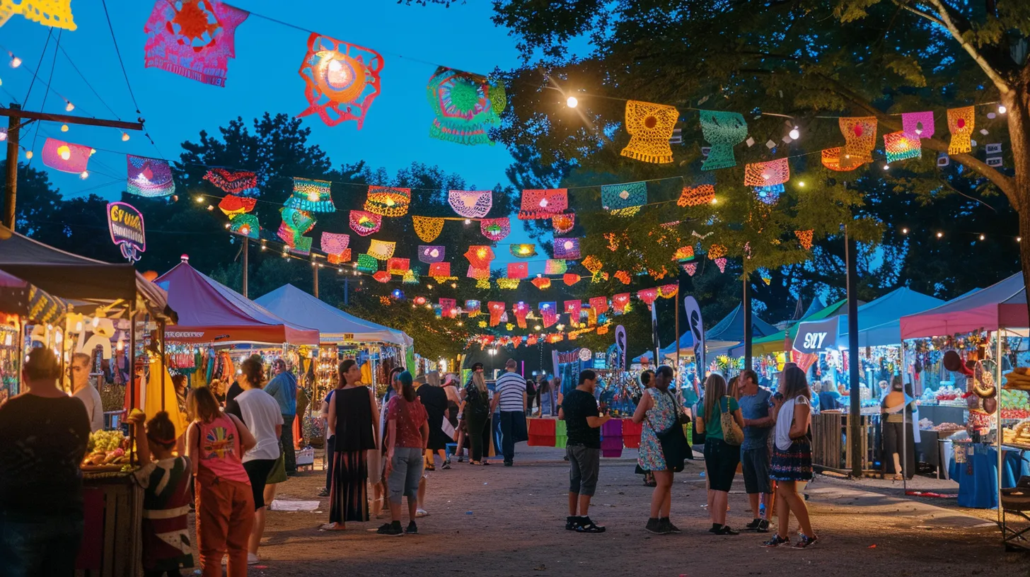 a vibrant outdoor community event scene featuring eye-catching event banners and signs that attract a diverse crowd, with colorful decorations and lively interaction, capturing the essence of successful promotional strategies.