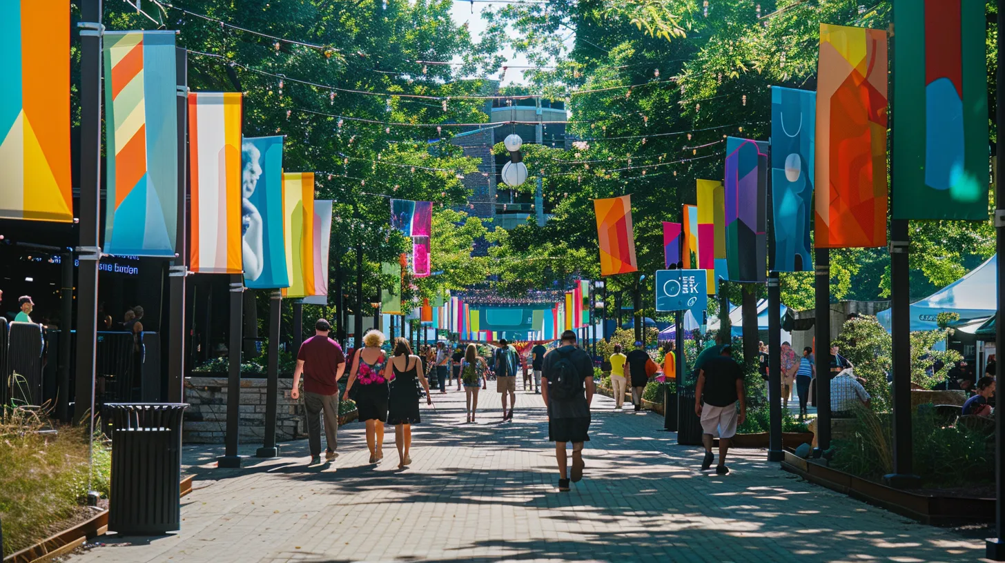 a vibrant outdoor event scene in southeast michigan showcases various eye-catching vinyl and fabric banners along a bustling walkway, with strategically placed directional signs guiding attendees amidst a colorful backdrop of enthusiastic engagement and branding elements.