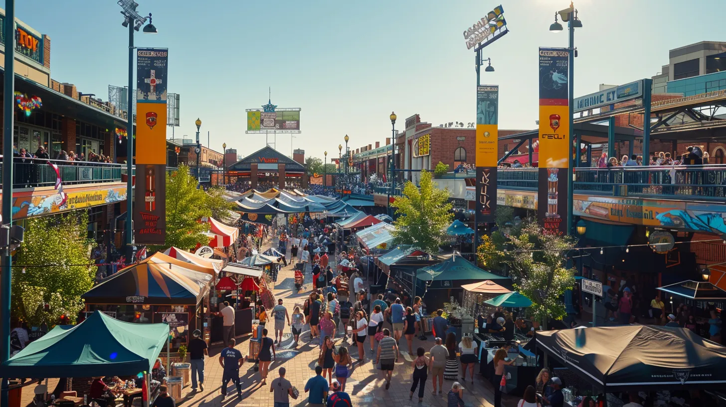 a vibrant outdoor event scene at comerica park showcasing strategically placed banners and signs with clear branding, drawing the attention of a diverse crowd engaged in the festivities under warm afternoon sunlight.