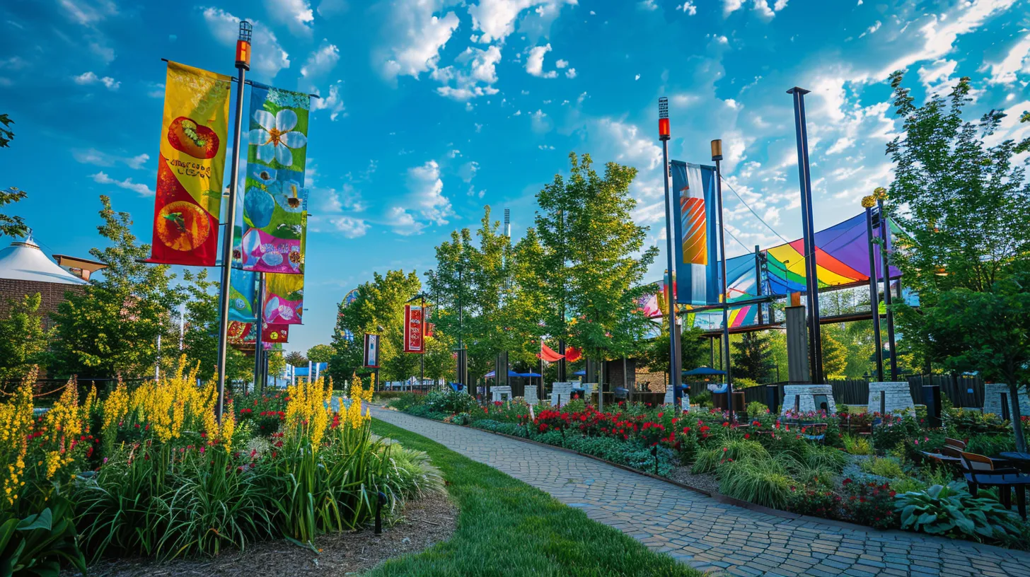 a vibrant outdoor event showcases colorful, professionally designed banners and signs that elegantly convey promotional messages amidst a lively southeast michigan setting.