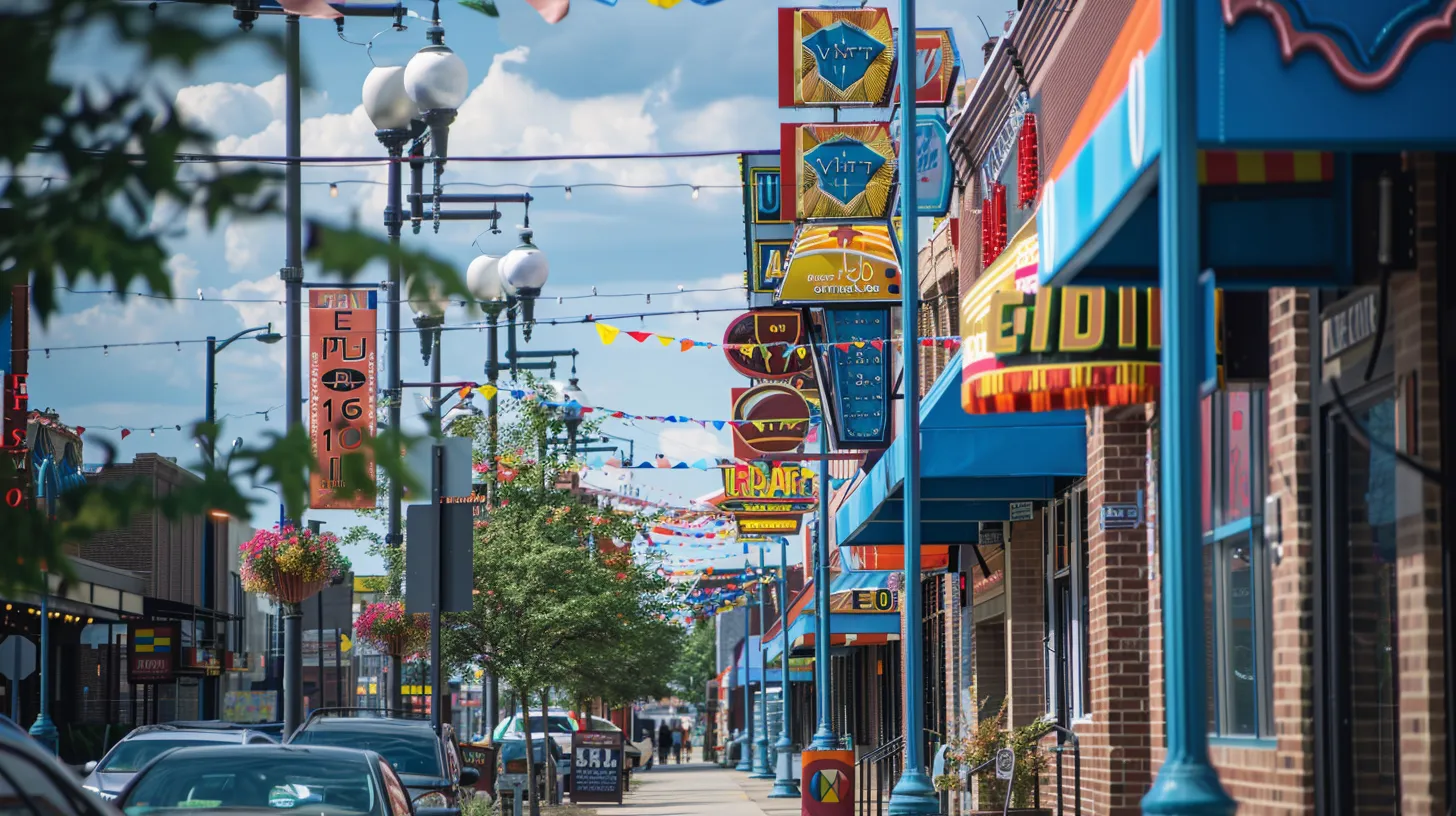 a vibrant outdoor scene showcases a variety of eye-catching signage, including colorful awning displays, sleek building signs, and distinct monument markers, all set against a bustling urban backdrop in southeast michigan.