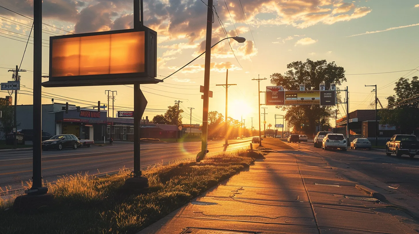 a vibrant outdoor scene showcases a prominently installed professional sign for a business, bathed in warm sunlight, highlighting its strategic placement and visibility against a backdrop of a bustling southeast michigan street.