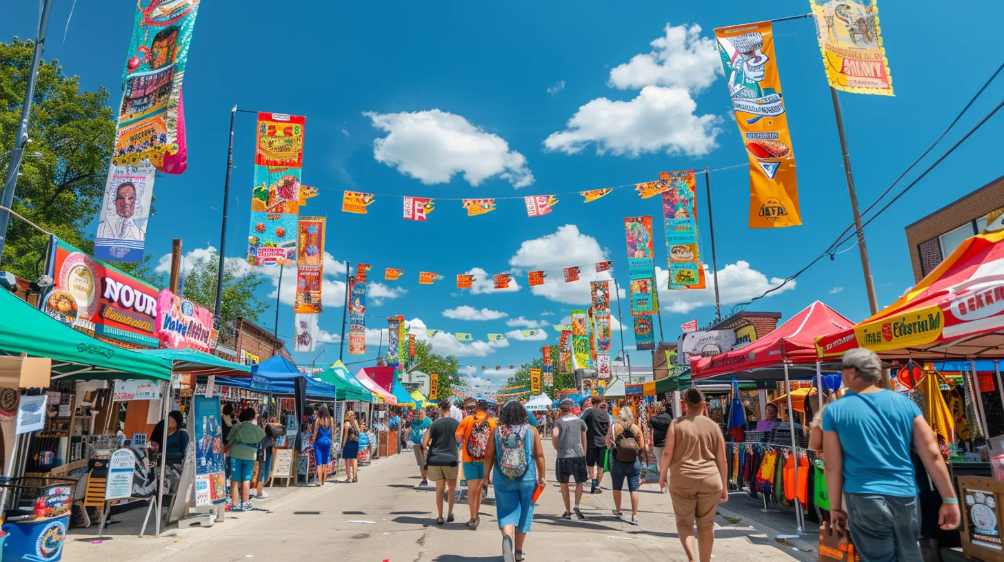 a vibrant outdoor scene showcasing a bustling promotional event in southeast michigan, with colorful banners and signs prominently displaying local businesses against a bright blue sky.