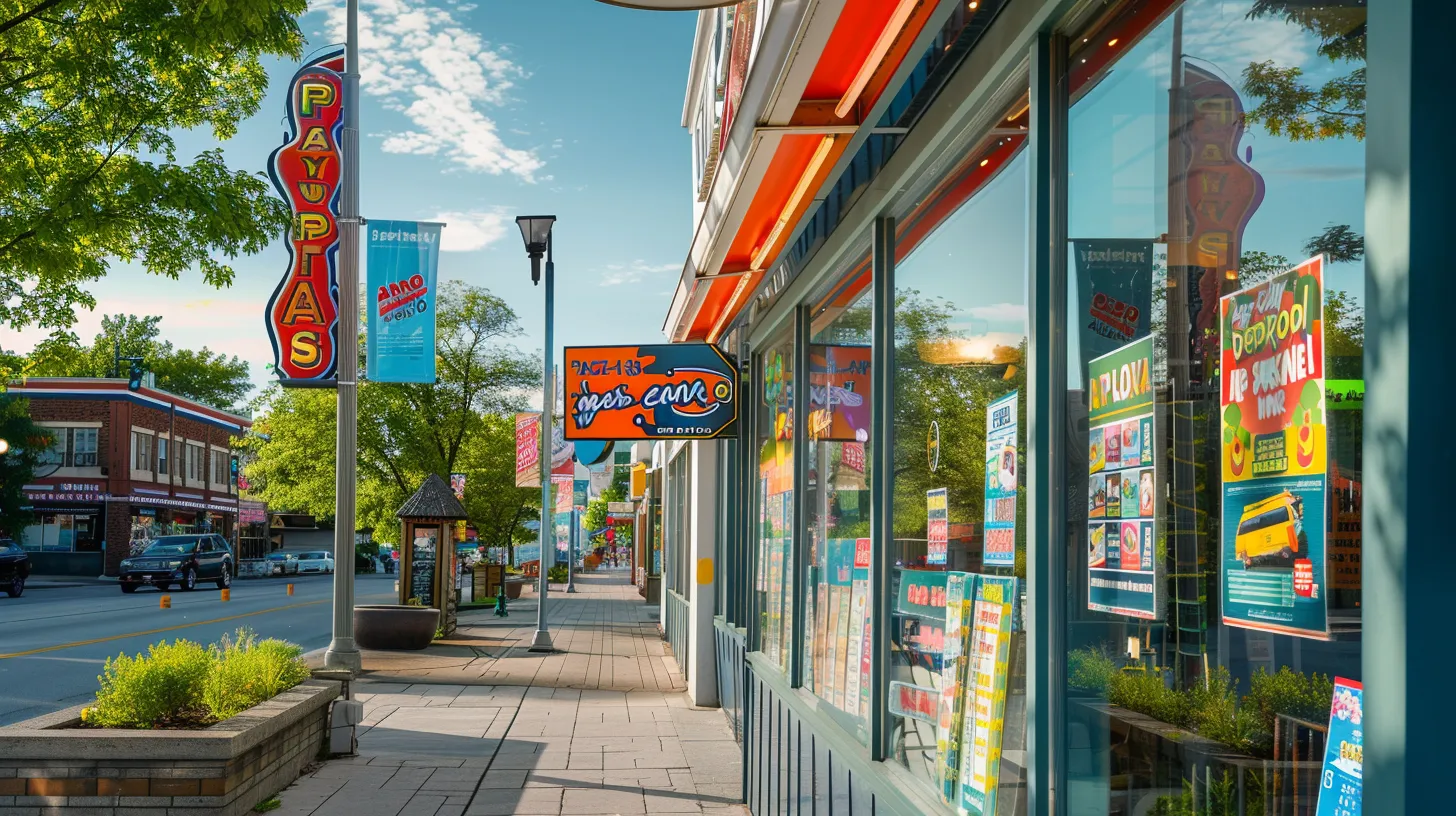 a vibrant outdoor scene showcasing an array of colorful and varied signage options in a bustling southeast michigan setting, illuminated under bright sunlight.