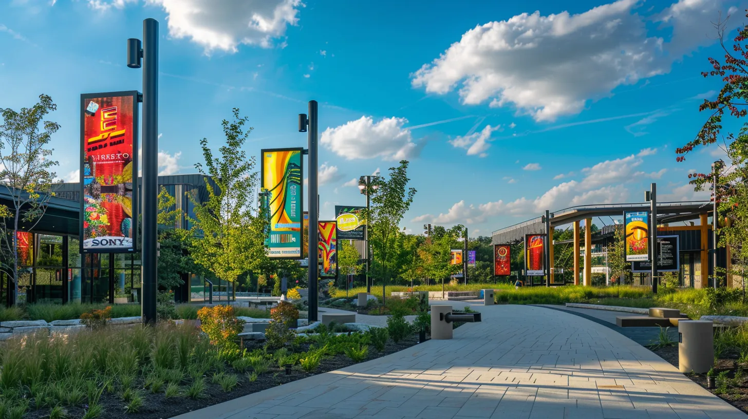 a vibrant outdoor scene showcasing a variety of eye-catching custom signs in southeast mi, illustrating the blend of exterior and interior signage that enhances brand visibility and customer engagement under a bright blue sky.