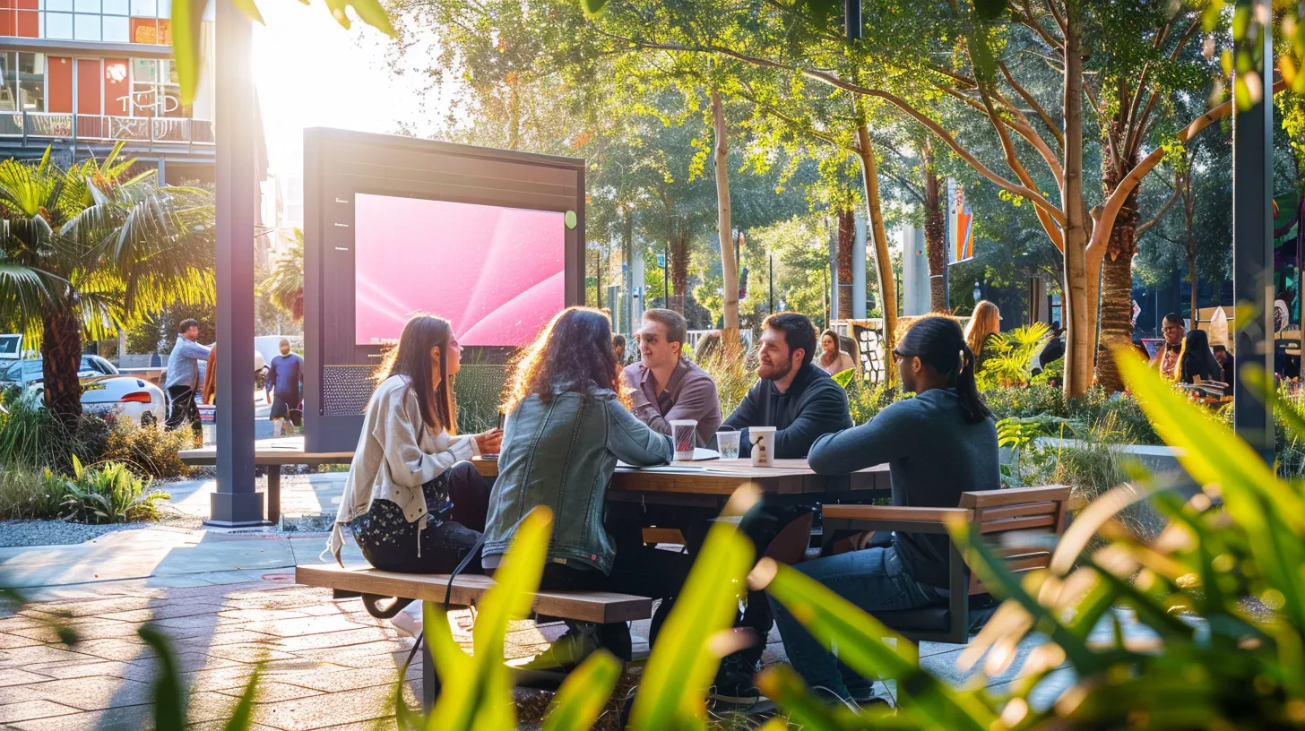 a vibrant outdoor setting showcasing a diverse team of professionals brainstorming over a prominent, eye-catching sign design, surrounded by lush greenery and sunny skies, conveying the essence of effective collaboration in signage projects.