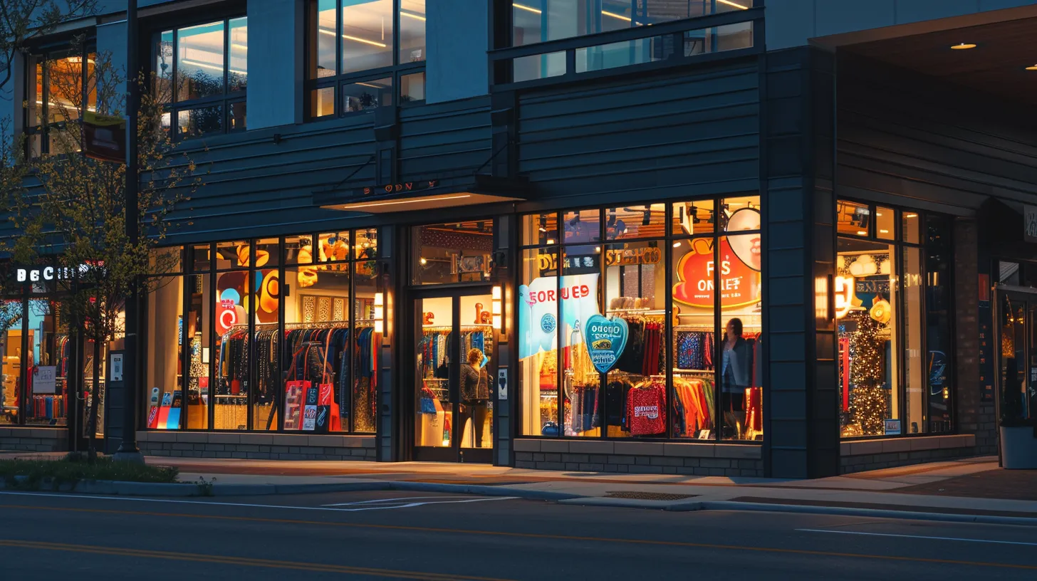 a vibrant storefront adorned with eye-catching retail signs glows under the warm evening light, showcasing a bustling atmosphere that highlights the essence of business growth in southeast michigan.