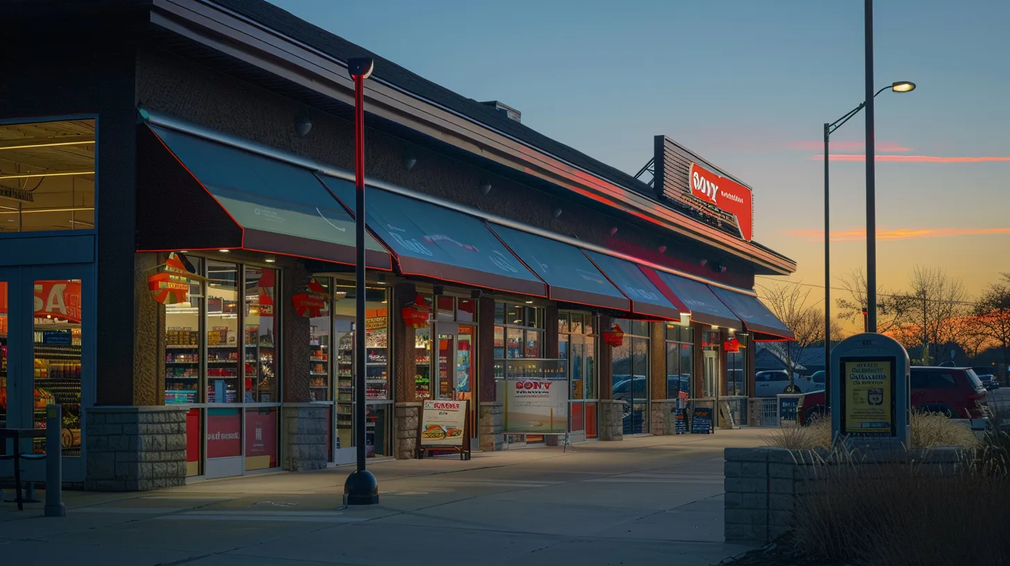 a vibrant storefront in southeast michigan showcases an array of eye-catching retail signs, including bold awnings and dynamic digital displays, all bathed in warm evening light, inviting passersby to explore.