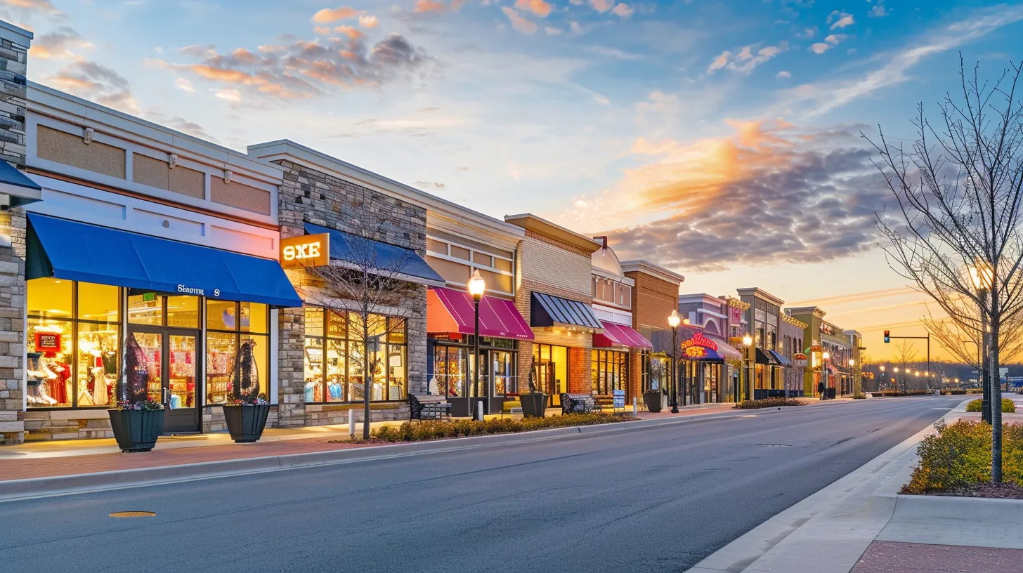 a vibrant street scene in southeast michigan showcases a series of eye-catching retail signs that glow warmly in the golden hour sunlight, illustrating the impactful role of effective visual communication in driving local business success.