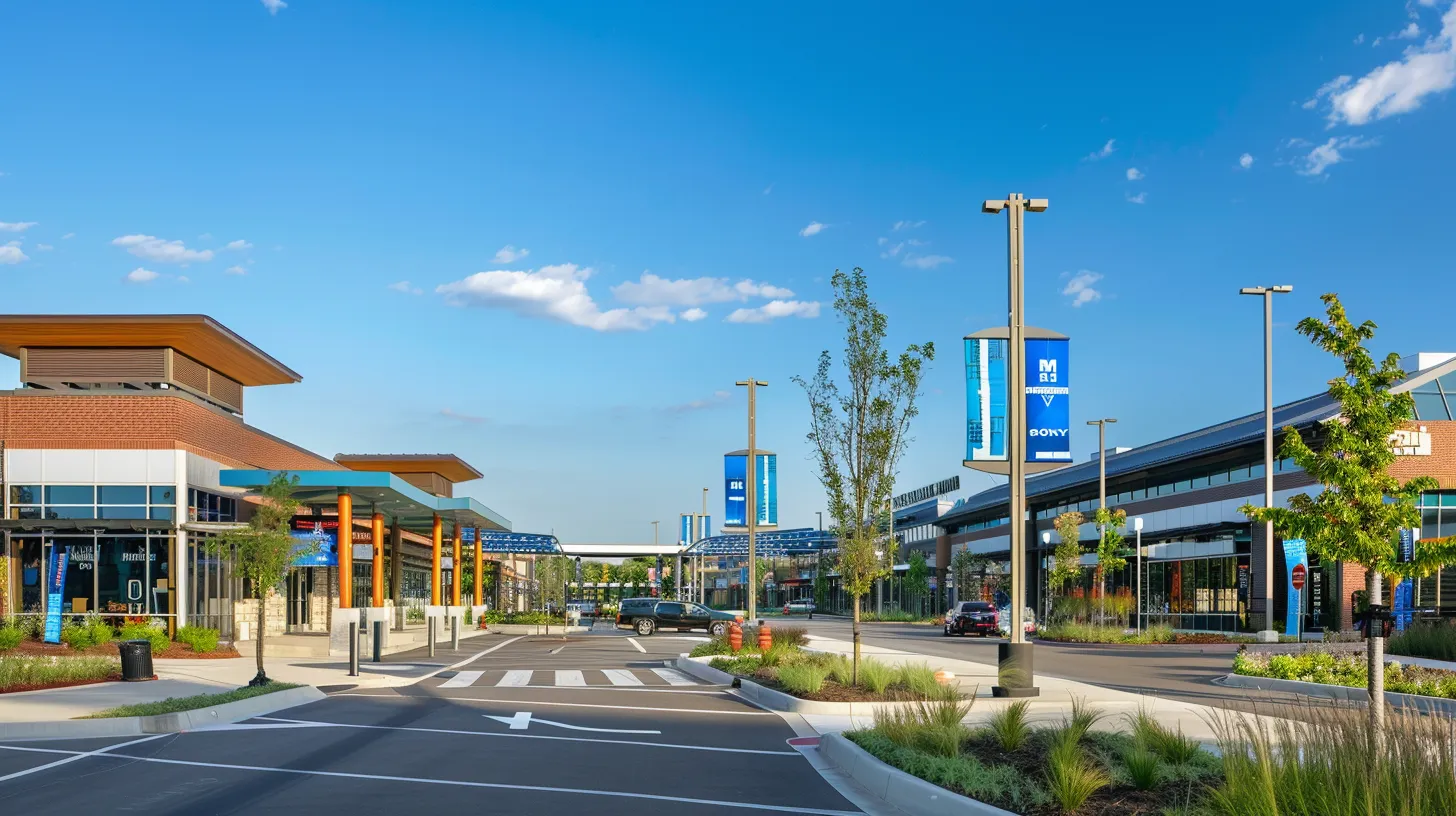 a vibrant streetscape in southeast michigan showcases impactful outdoor signage, with bold, eye-catching designs illuminating local businesses and public spaces, inviting engagement and enhancing community visibility under a brilliant blue sky.