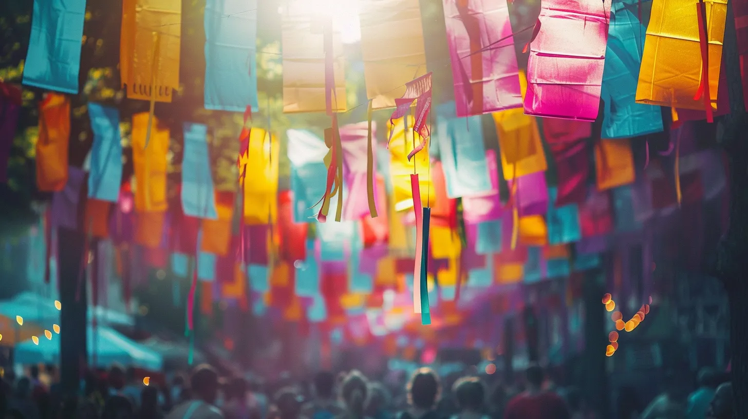 a vibrant outdoor festival scene in southeast michigan, showcasing eye-catching event banners and signs made of quality materials, amidst a backdrop of enthusiastic attendees and lively celebrations.