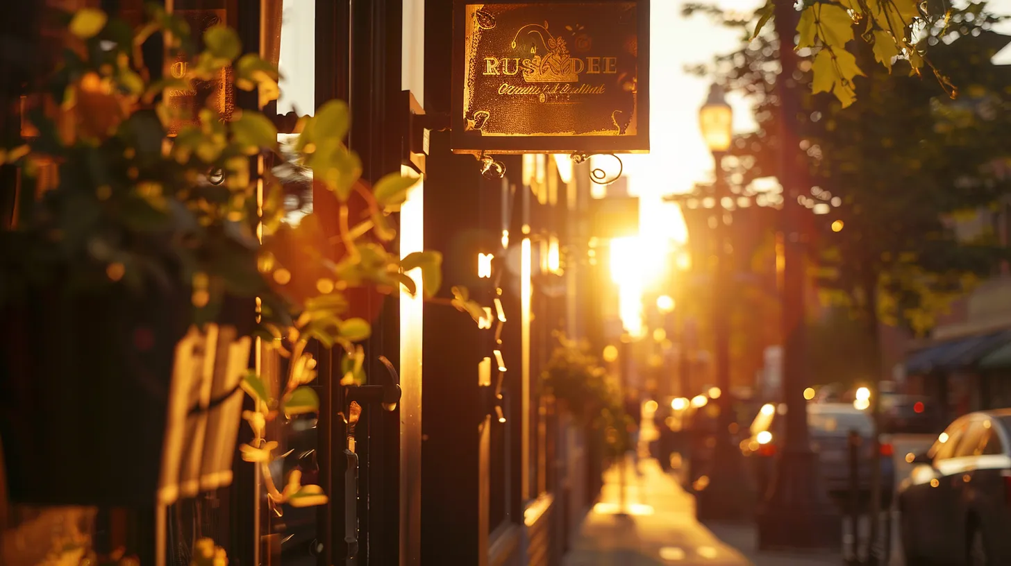 a vibrant outdoor scene showcasing a beautifully designed custom business sign, prominently displayed in an inviting storefront along a bustling street in southeast michigan, bathed in warm sunlight.