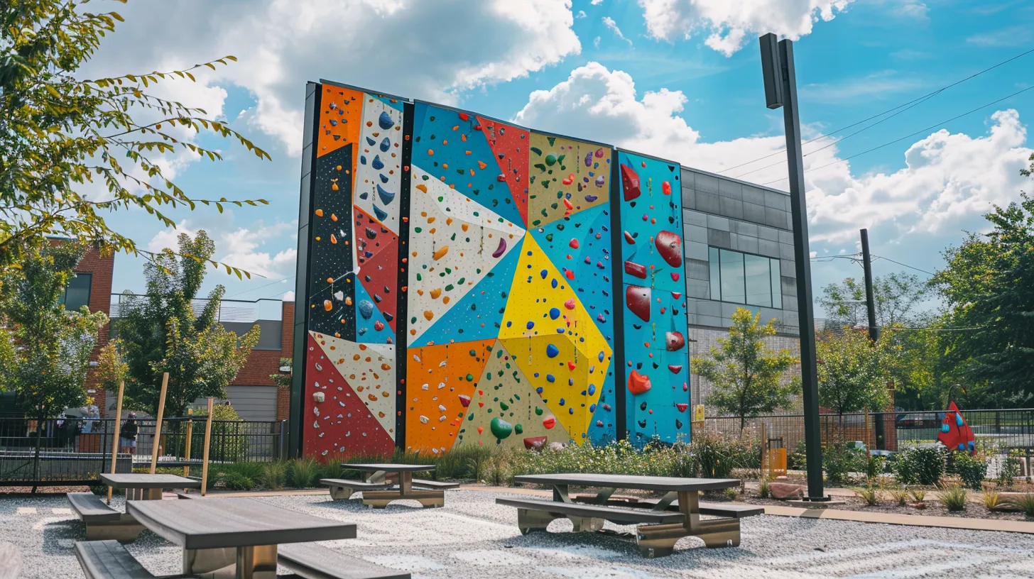 an eye-catching outdoor sign vibrantly promotes an upcoming community rock climbing event in detroit, attracting passersby with bold colors and clear messaging against the backdrop of a bustling urban landscape under bright, piercing sunlight.